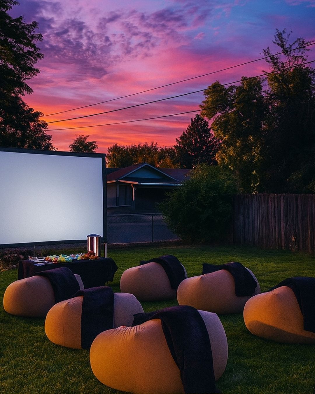 Outdoor cinema experience with cozy atmosphere, string lights, and people enjoying a movie night