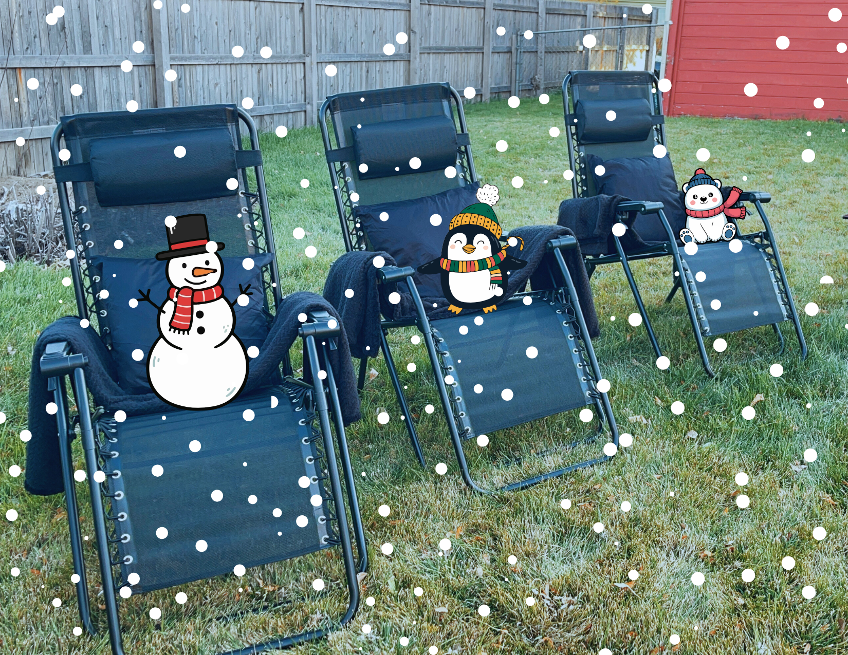 Cozy seating, each with a blanket and a fun winter friends