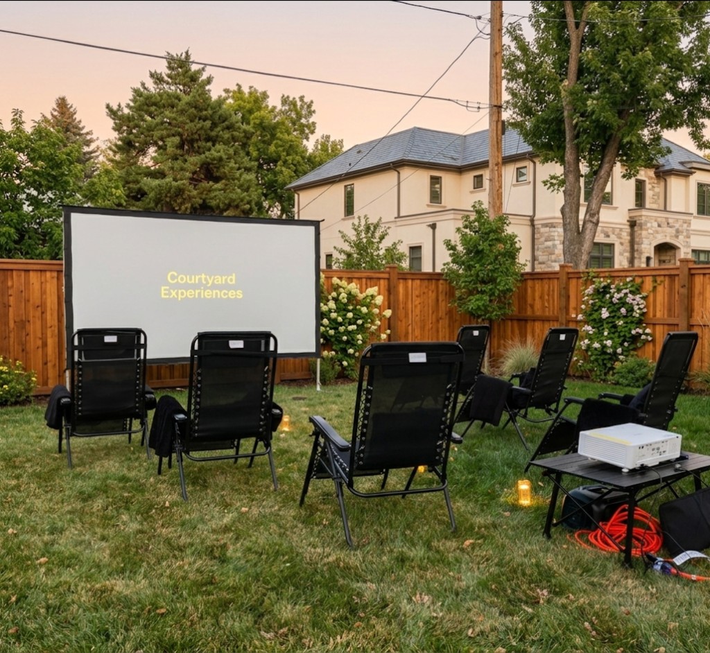 Backyard outdoor cinema setup with screen, chairs, and projector at dusk